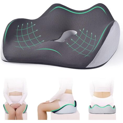 Coussin orthopédique gris pour longue assise, soulagement du coccyx et de la pression, mousse haute densité ergonomique