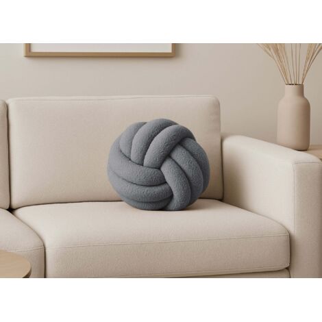 Coussin rond décoratif boule de nœud en effet peau de mouton gris