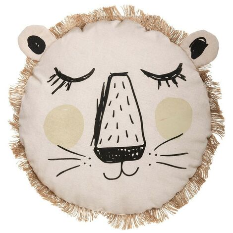 Coussin rond lion franges 38 cm