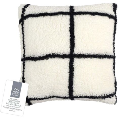 Coussin Sherpa Blanc Carreaux Noir 40x40cm