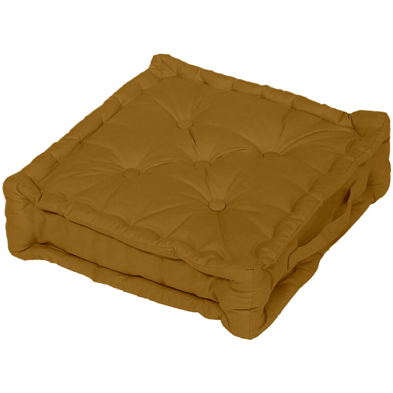 Coussin tapissier en coton 50x50x10 cm PANAMA moutarde, par Soleil d'Ocre