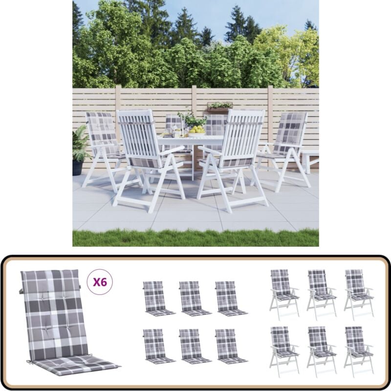 Coussins de chaise jardin à dossier haut lot de 6 carreaux gris - Coussin De Chaise - Coussin Exterieur - Coussin Jardin - Coussin Confortable