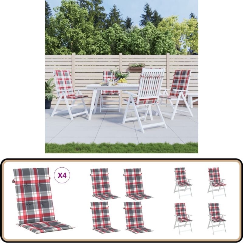 Coussins de chaise jardin dossier haut lot de 4 carreaux rouges - Coussin De Chaise - Coussin Exterieur - Coussin Jardin - Coussin Décoratif