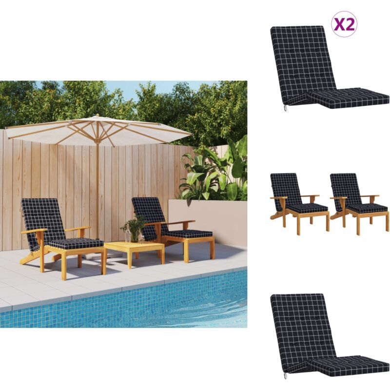 Coussins de chaise longue lot de 2 noir motif à carreaux - Coussin De Chaise Longue - Coussin D'extérieur - Coussin Patio - Coussin Jardin - Housse