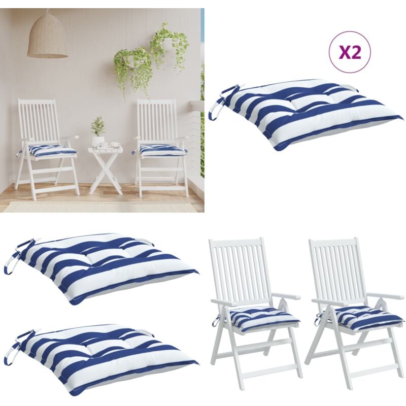 Coussins de chaise lot de 2 rayures bleues blanches 50x50x7 cm - Coussin De Chaise - Coussin Décoratif - Coussin Extérieur - Coussin Patio - Coussin