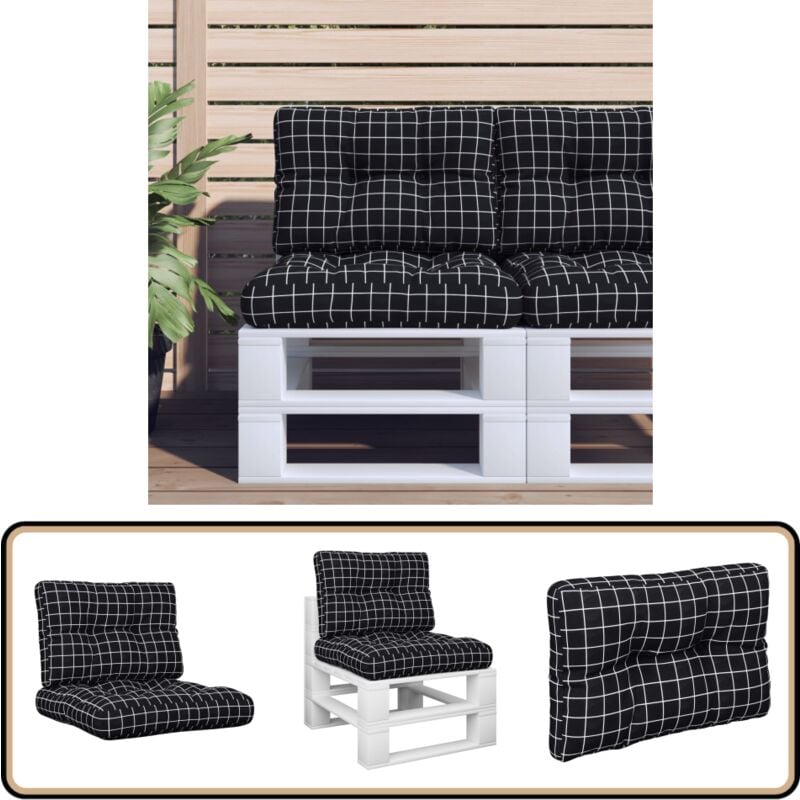 Coussins de palette lot de 2 motif à carreaux noir tissu - Coussins Exterieur - Coussins Patio - Coussin Chaise Longue - Coussin Décoratif - Cushions