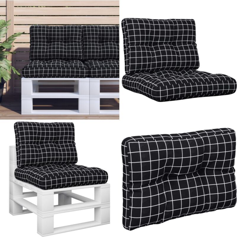 Coussins de palette lot de 2 motif à carreaux noir tissu - Coussins Exterieurs - Coussins Patio - Coussins Jardin - Cushions Décoratifs - Housses De