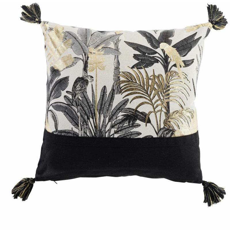 Douceur D'intérieur - Coussin déhoussable - Palmiers et perroquets - beige, noir et or métallisé - Noir