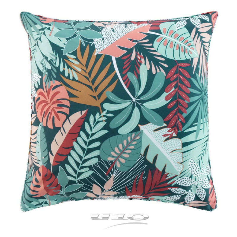 Coussin décoratif imprimé tropical 60 x 60 cm - Finition passepoil - Bleu - Livraison gratuite