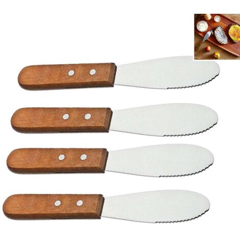Couteau À Beurre - Lame En Acier Inoxydable - Manche En Bois - 20 cm - Pour Tartiner Fromage Blanc Confiture - Lot De 4