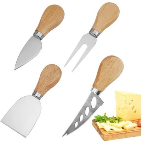 Couteau à Fromage - Inox - Manche en Bois - Tranchant Durable - Set de 4 Pièces - Utilisation Facile