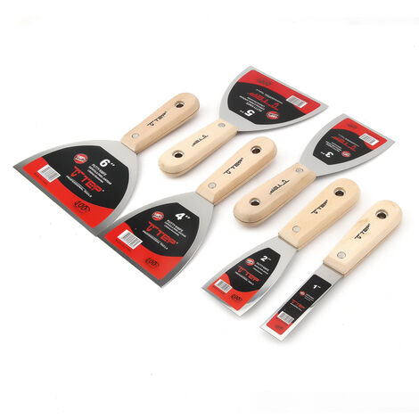 Couteau à mastic en acier inoxydable, lame de grattoir 1 &quot2&quot 3 &quot4&quot 5 &quot6&quot pelle de nettoyage pelle murale avec manche en bois 6 pièces