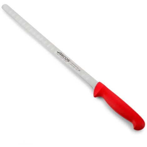 Couteau à saumon Arcos Couleur - Prof 293322 en acier inoxydable Nitrum et mango polypropylène rouge ergonomique avec lame de 30 cm, vitrine.
