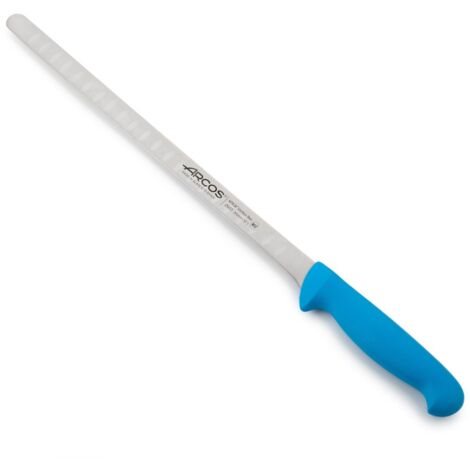 Couteau à saumon Arcos Couleur - Prof 293323 en acier inoxydable Nitrum et mango polypropylène bleu ergonomique avec lame de 30 cm, vitrine.