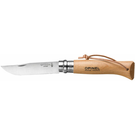 Couteau Baroudeur N°08 – Lame 8.5 cm en acier inoxydable – Manche en bois de hêtre – Bague Virobloc pour sécurité – Opinel