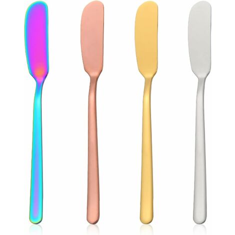 Couteau beurre, couteau nutella, 4 pièces Tartineur à Beurre, Fabriqué en acier inoxydable sûr, non toxique, pour le beurre, la crème (argent, or, or rose, couleur arc-en-ciel, sans trous)