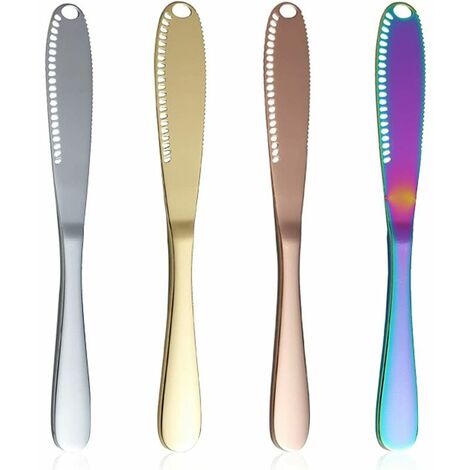 Couteau beurre, couteau nutella, 4 pièces Tartineur à Beurre, Fabriqué en acier inoxydable sûr, non toxique, pour le beurre, la crème (argent, or, or rose, couleur arc-en-ciel, sans trous)