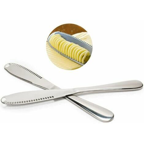 Couteau de beurre 3-en-1, clip de beurre multifonctionnel en acier inoxydable et épandier avec bords déchiquetés, rainures écrasées pour couper les légumes, les fruits et le fromage, 2 argent