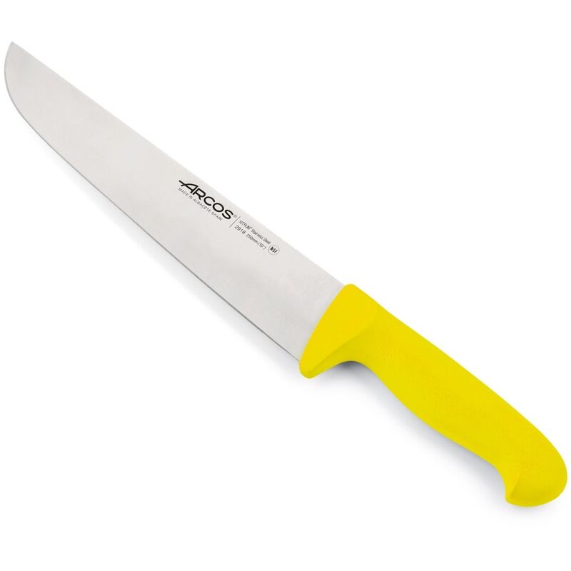 Couteau de boucherie Arcos Couleur - Prof 291800 en acier inoxydable Nitrum et mango polypropylène jaune ergonomique avec lame de 25 cm, vitrine.