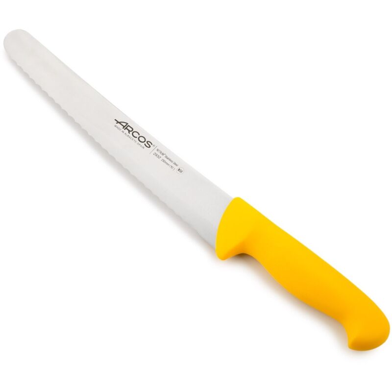 Couteau de boulanger Arcos Couleur - Prof 293200 en acier inoxydable Nitrum et mango polypropylène jaune ergonomique avec lame de 25 cm, vitrine.