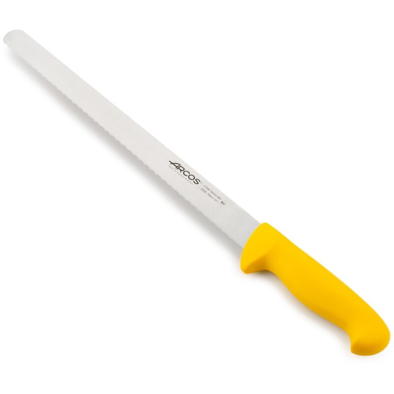 Couteau de boulanger Arcos Couleur - Prof 293600 en acier inoxydable Nitrum et mango polypropylène jaune ergonomique avec lame de 35 cm, vitrine.