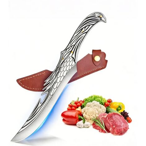 Couteau de chef unique de 8 pouces à tête d'aigle — Lame en acier à haute teneur en carbone de style viking (Étui inclus)  Couteau polyvalent pour BBQ, trancheur à viande et indispensable de cuisine