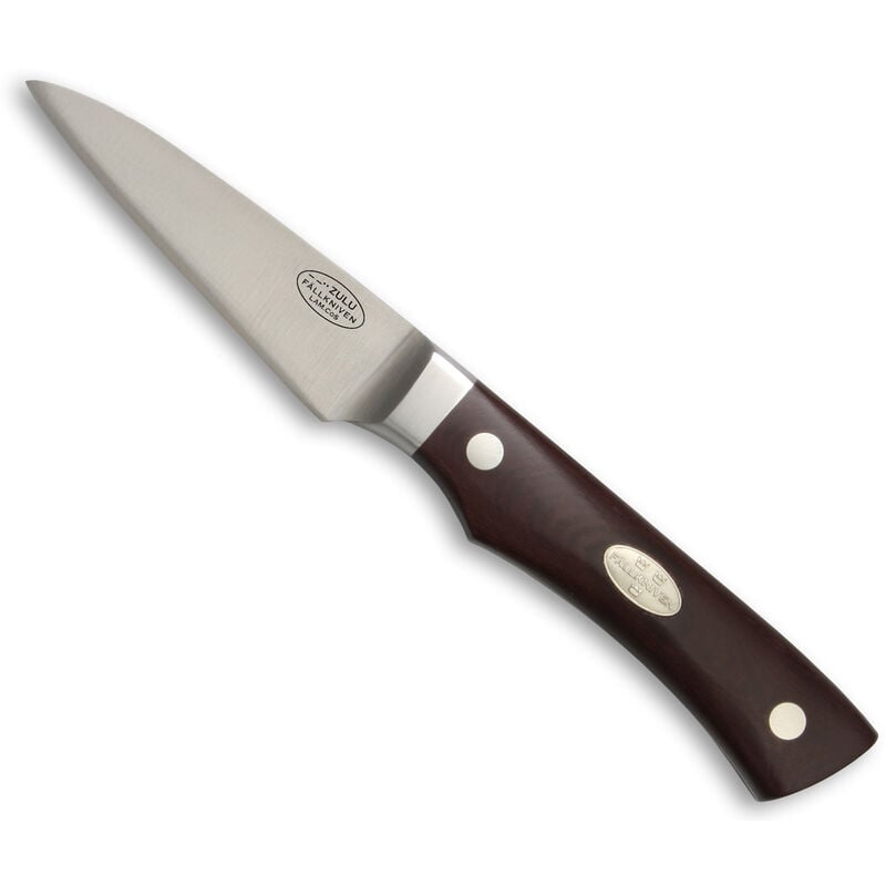 Couteau de cuisine Fallkniven Zulu en acier stratifié CoS avec lame de 7,5 cm, manche micarta marron dans une boîte en bois.