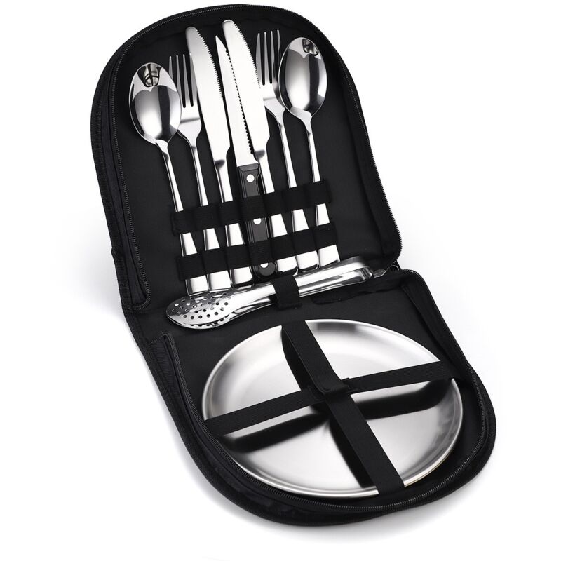Couteau fourchette cuillère en acier inoxydable, assiette de Barbecue de Camping en plein air Portable, ensemble de vaisselle de 10 pièces
