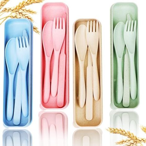 Couteau Fourchette Cuillère Réutilisables - En Paille De Blé Et PP Alimentaire - Pour Pique-Nique Camping Voyage Bureau - 4 Sets Avec Étui