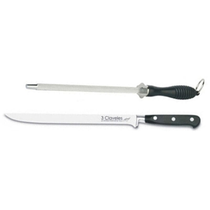 3 Claveles - Coffret couteau à jambon et fusil à aiguiser professionnel 01700