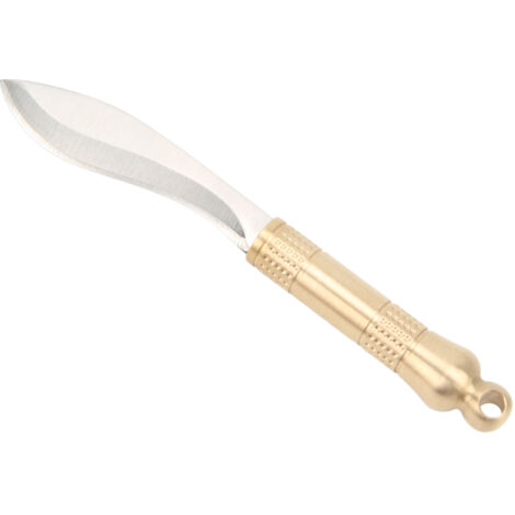 Couteau Multifonction de Poche en Laiton et Acier Inox, avec Étui Cuir et Porte-Clés, Idéal pour Randonnée et Camping
