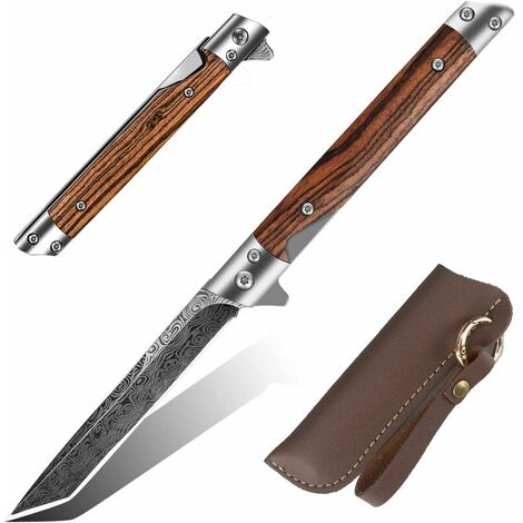 Couteau Pliant,Couteaux de Survie,Outdoor Couteau,Couteau de Chasse,Couteau de Poche Pliant avec poignée en Bois et Lame en Acier Inoxydable,Parfait pour Camping et Randonnée (Marron foncé) Marrons蚚̘耀