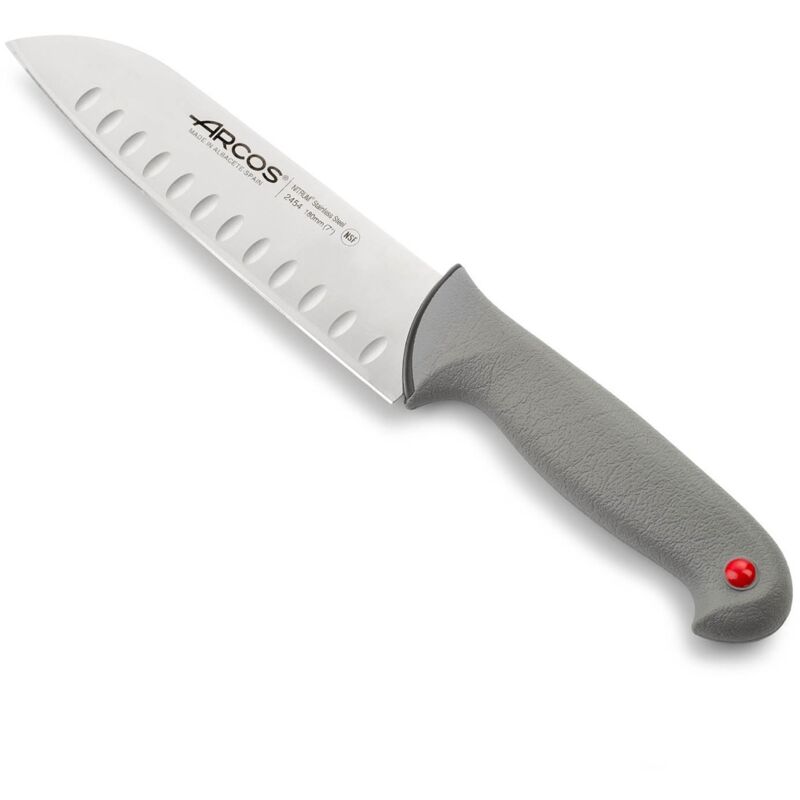 Couteau Santoku Arcos Couleur - Prof 245400 avec poches en acier inoxydable Nitrum et polypropylène ergonomique mango et lame de 18 cm, vitrine.