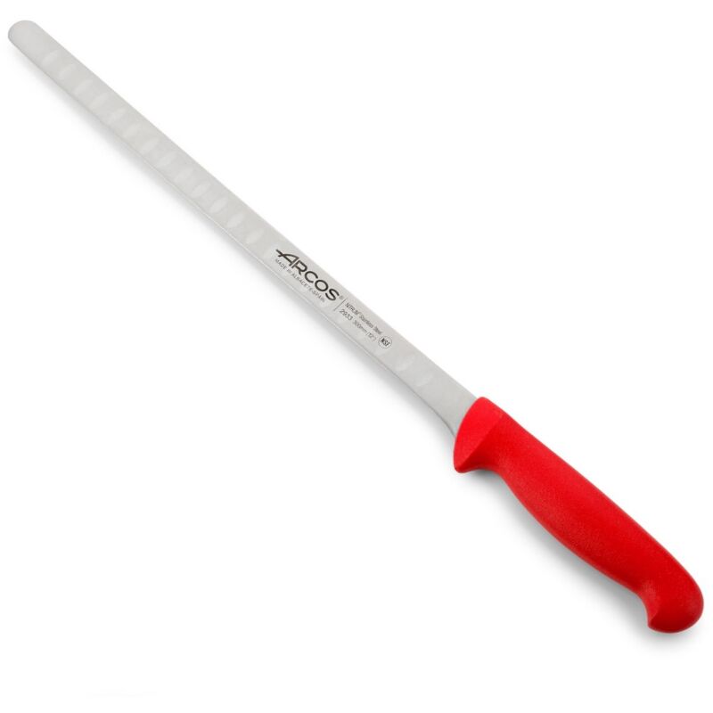 Couteau à saumon Arcos Couleur - Prof 293322 en acier inoxydable Nitrum et mango polypropylène rouge ergonomique avec lame de 30 cm, vitrine.