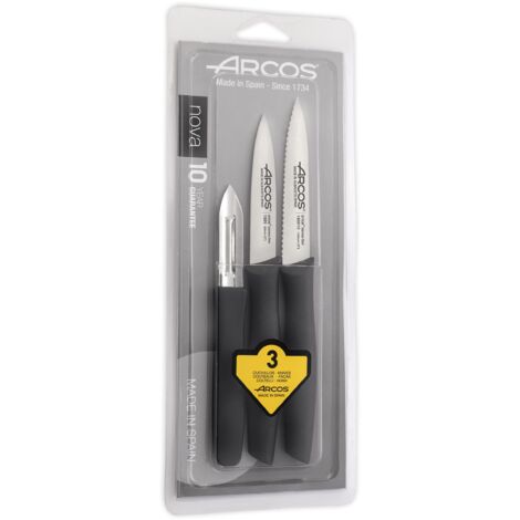 Couteau Set Mondadores Arcos Nova 189700 acier inoxydable Nitrum et mango Polypropylène noir 3 pièces en blister pack de 3 pièces.