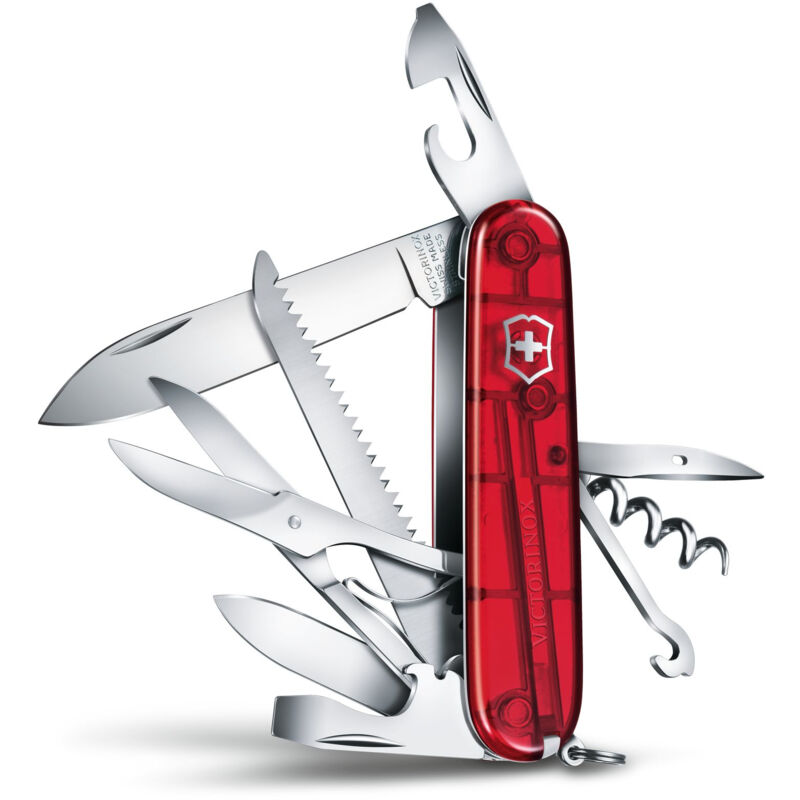 Victorinox - Couteau suisse Huntsman, comprenant des ciseaux et une scie à bois, 15 fonctions, pour le camping, couleur rouge transparent.