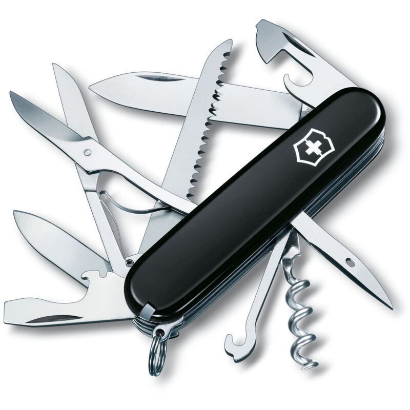 Victorinox - Couteau suisse Huntsman, comprenant des ciseaux et une scie à bois, 15 fonctions, pour le camping, couleur noire.