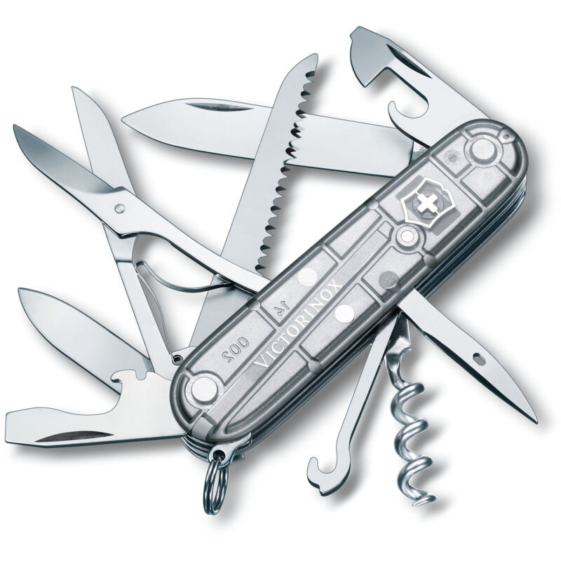 Victorinox - Couteau suisse Huntsman, comprenant des ciseaux et une scie à bois, 15 fonctions, pour le camping, couleur argent transparent.