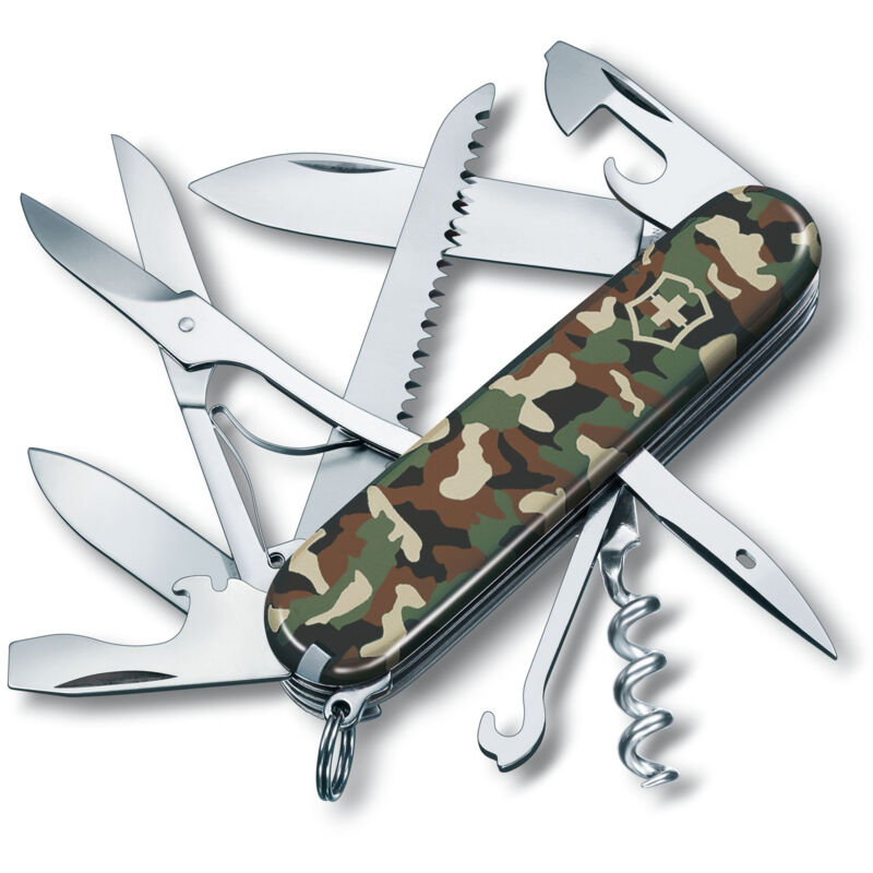Victorinox - Couteau suisse Huntsman, comprenant des ciseaux et une scie à bois, 15 fonctions, pour le camping, couleur camouflage.