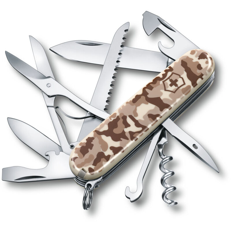 Victorinox - Couteau suisse Huntsman, comprenant des ciseaux et une scie à bois, 15 fonctions, pour le camping, couleur camouflage désert.