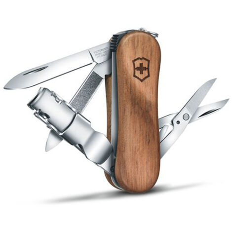 Couteau suisse de poche Victorinox Nail Clip Wood 580 0.6461.63B1 avec 6 fonctions dont une lime à ongles et un coupe-ongles, présenté sous blister.