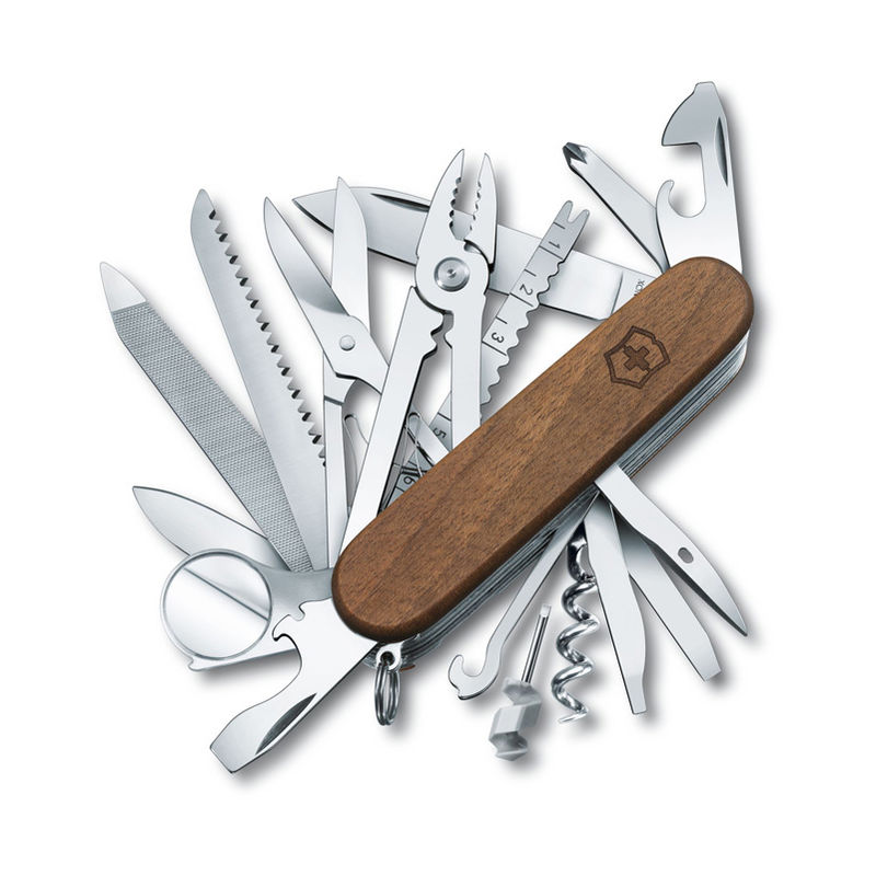 Couteau suisse de poche Victorinox Swiss Champ Wood 1.6791.63 avec 29 fonctions Comprend des ciseaux et une scie pour le bois.