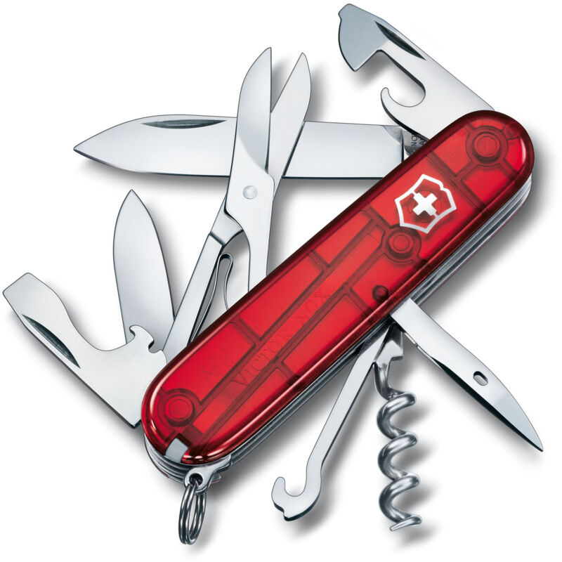 Victorinox - Couteau suisse Climber, 14 fonctions, dont ciseaux et crochet multi-usages, 82 gr, couleur rouge transparent.