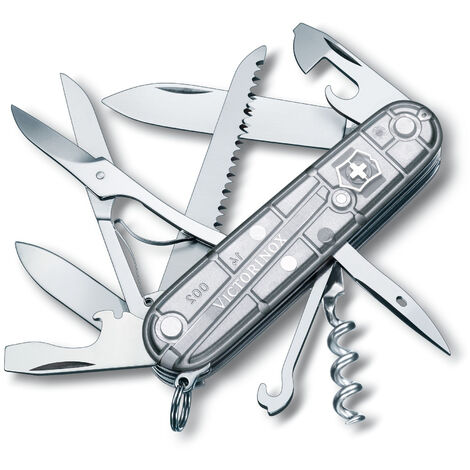Couteau suisse Victorinox Huntsman, comprenant des ciseaux et une scie à bois, 15 fonctions, pour le camping, couleur argent transparent.
