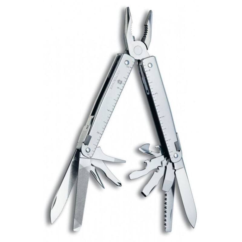Couteau multi-usages Victorinox Swiss Tool, possède 26 fonctions, avec différents fourreaux en cuir.