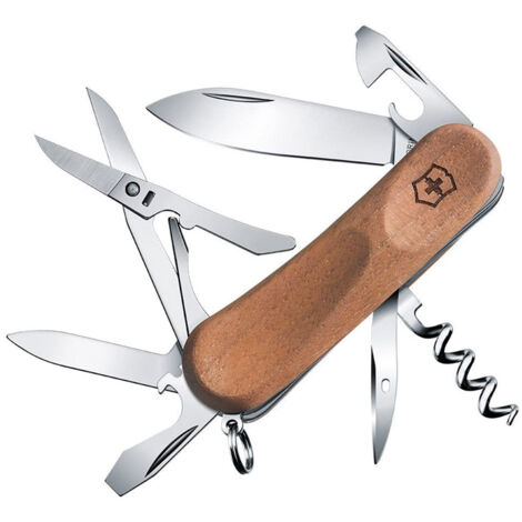 Couteau utilitaire suisse de poche Victorinox Evolution Wood 14 2.3901.63.B1 à 12 fonctions comprenant des ciseaux, un tournevis, un ouvre-boîte présenté sous blister.