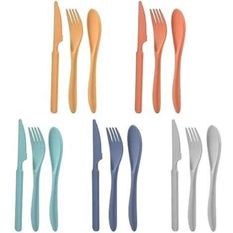 Couteaux Cuillères Fourches - Service De Couverts Réutilisables En Paille De Blé - Pour 5 Personnes - Usage Intérieur Extérieur Voyage Pique-Nique Camping - Lot De 15 Pièces