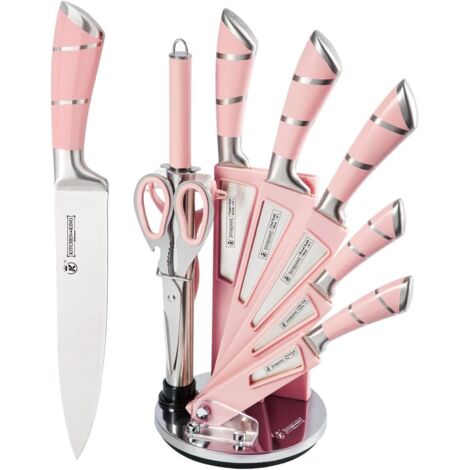Couteaux de Cuisine, Set de 9 Couteaux de Chef Pointus Professionnels Rose, Ensemble de Porte - Couteaux à Poignée Creuse Rayée, Idéal pour Envoyer Famille et Amis (Rose)