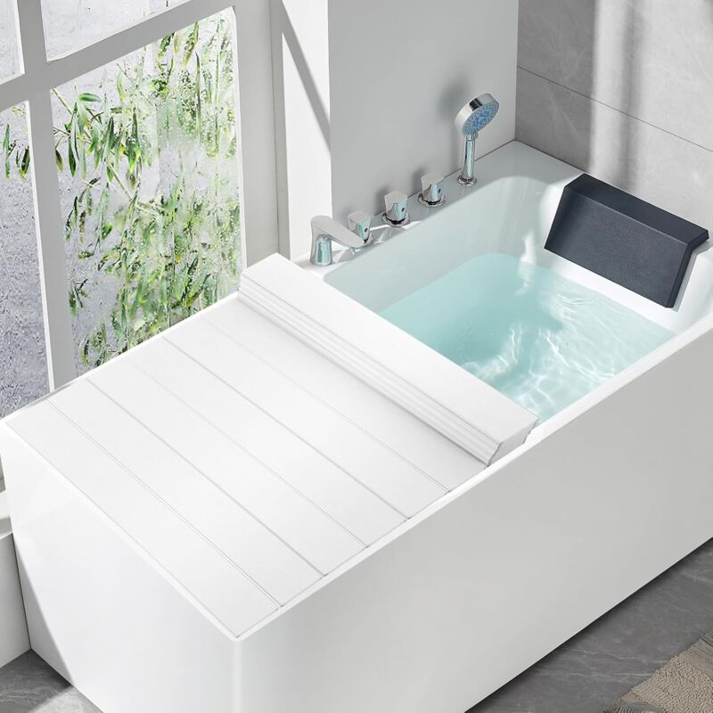 Couvercle de baignoire pliant (170x75 cm) - PVC avec optique en bois, capacité de charge 5kg - stockage de chaleur, comme tablette et protection pour