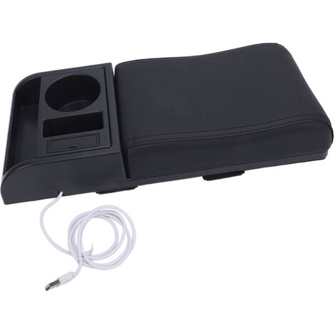 Couvercle de boîte d'accoudoir de console centrale, longueur réglable avec port de chargement USB, porte-gobelet, extension universelle de voiture pour la plupart des véhicules, ligne noire